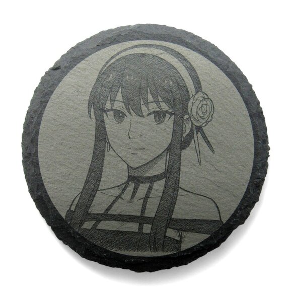 ANIME COASTER Round Engraved Gray Slate Set of 4 - Picture 3 of 6